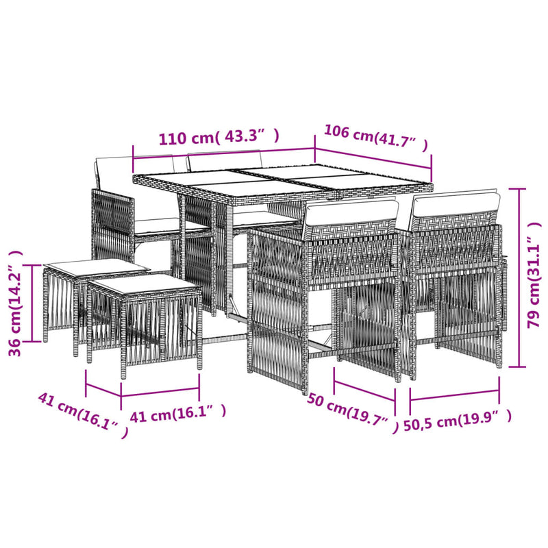 vidaXL 9 Piece Garden Dining Set with Cushions Grey Poly Rattan