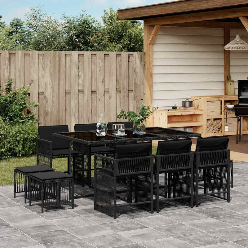 vidaXL 11 Piece Garden Dining Set with Cushions Black Poly Rattan