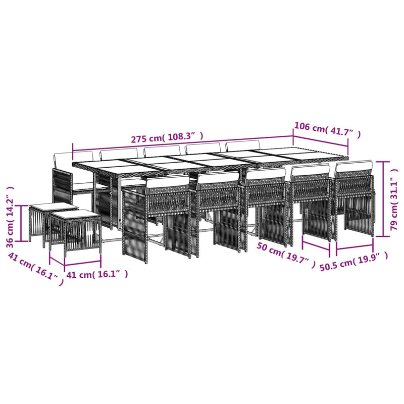 vidaXL 15 Piece Garden Dining Set with Cushions Grey Poly Rattan