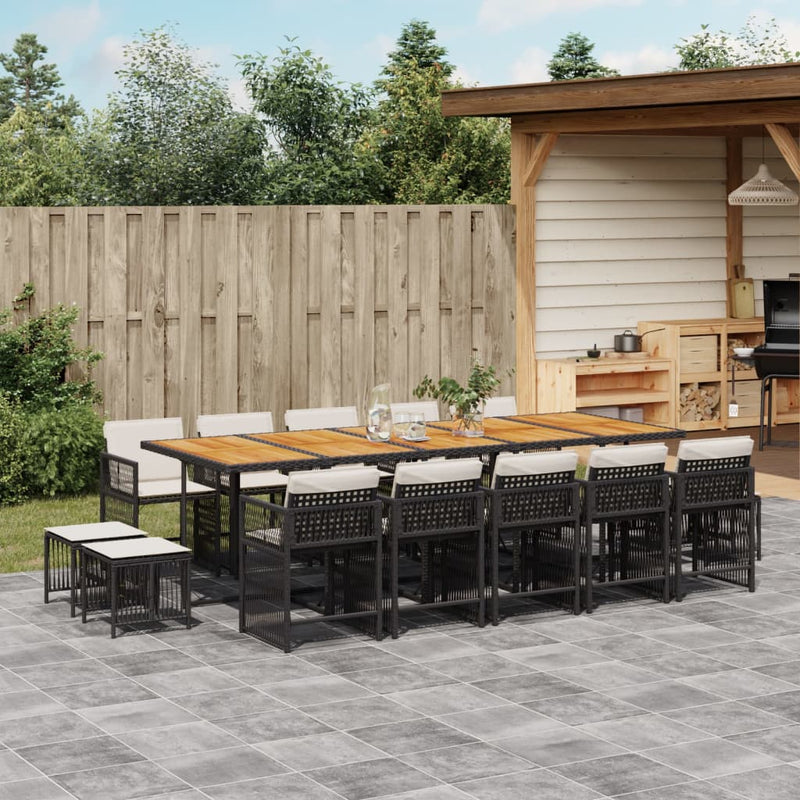 vidaXL 15 Piece Garden Dining Set with Cushions Black Poly Rattan