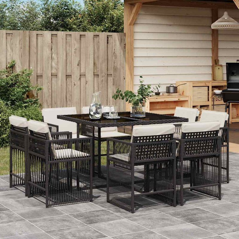 vidaXL 9 Piece Garden Dining Set with Cushions Black Poly Rattan