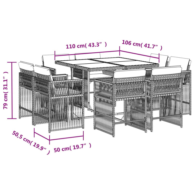 vidaXL 9 Piece Garden Dining Set with Cushions Grey Poly Rattan