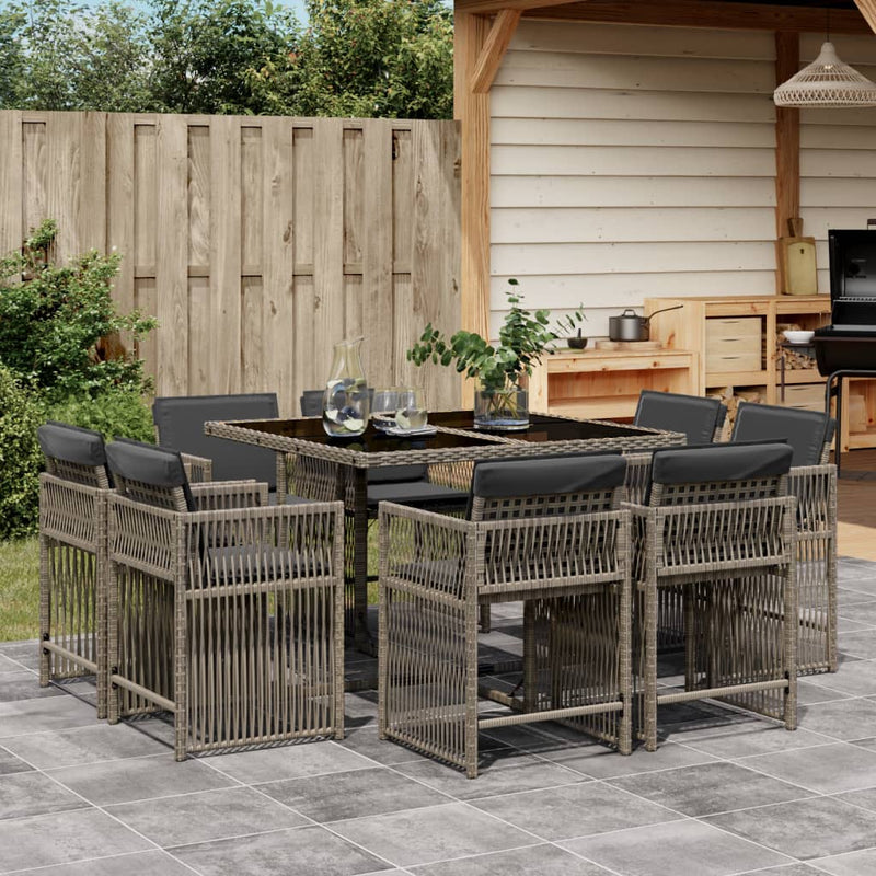 vidaXL 9 Piece Garden Dining Set with Cushions Grey Poly Rattan