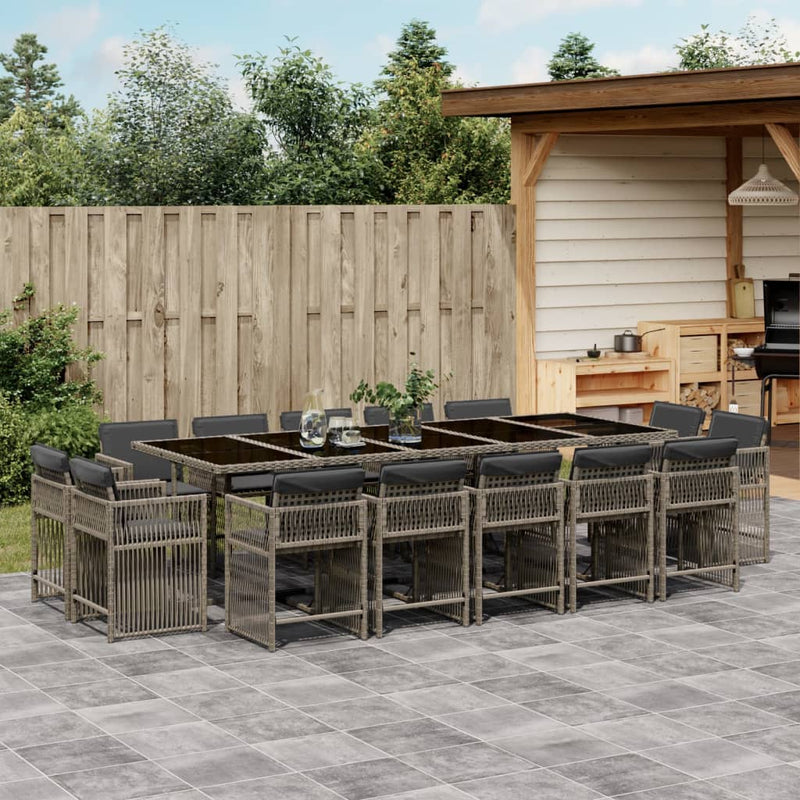 vidaXL 15 Piece Garden Dining Set with Cushions Grey Poly Rattan