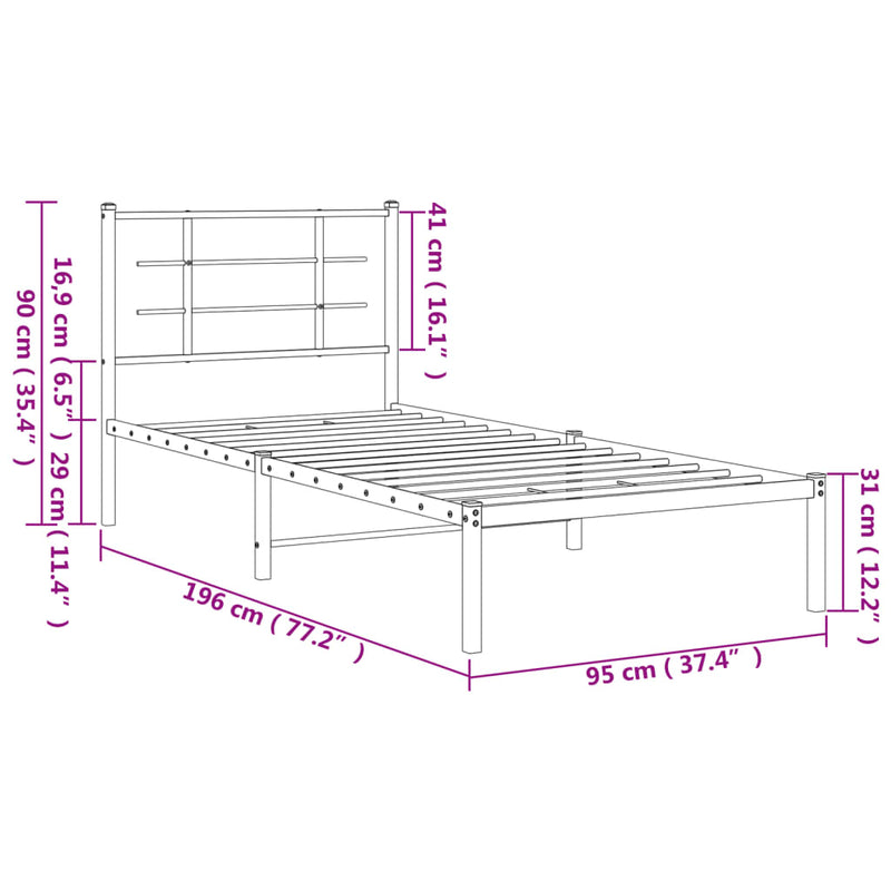 Metal Bed Frame with Headboard Black 90x190 cm