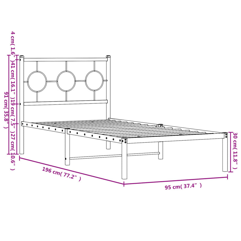 Metal Bed Frame with Headboard Black 90x190 cm