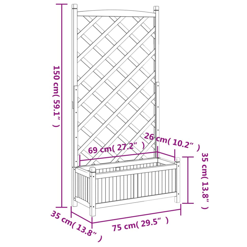 Planter with Trellis Grey Solid Wood Fir