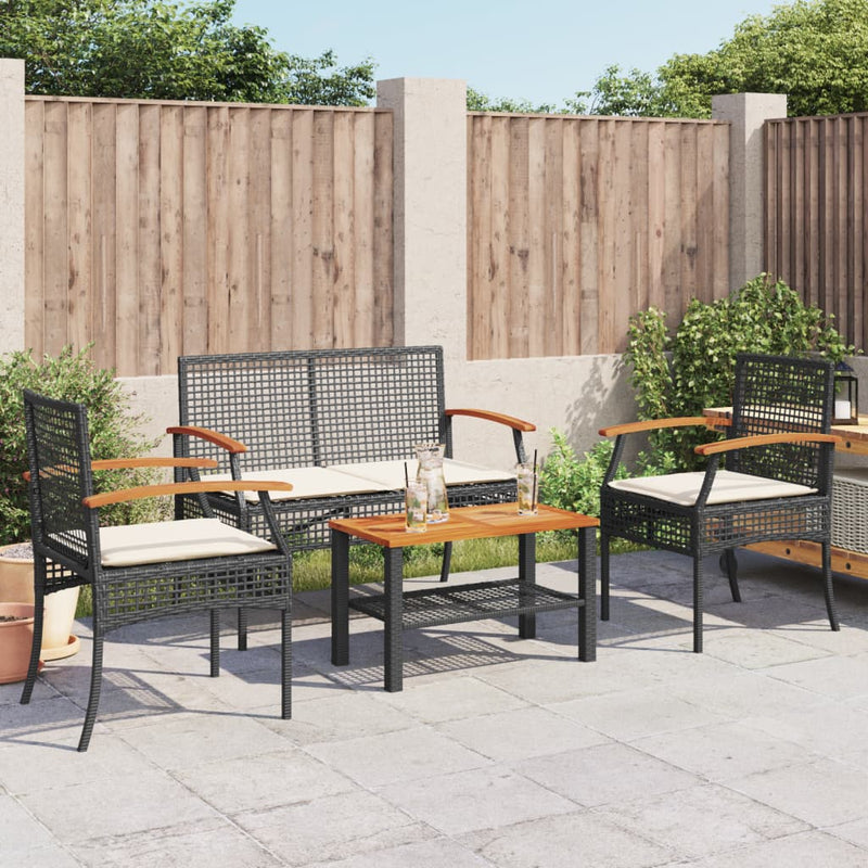 vidaXL 4 Piece Garden Lounge Set with Cushions Black Poly Rattan