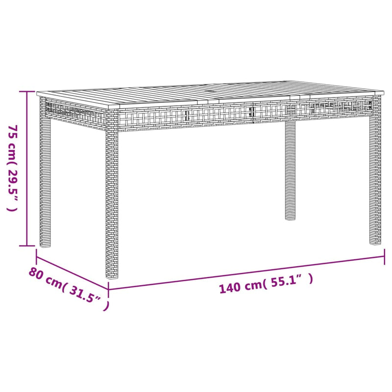 vidaXL Garden Table Black 140x80x75 cm Poly Rattan Acacia Wood