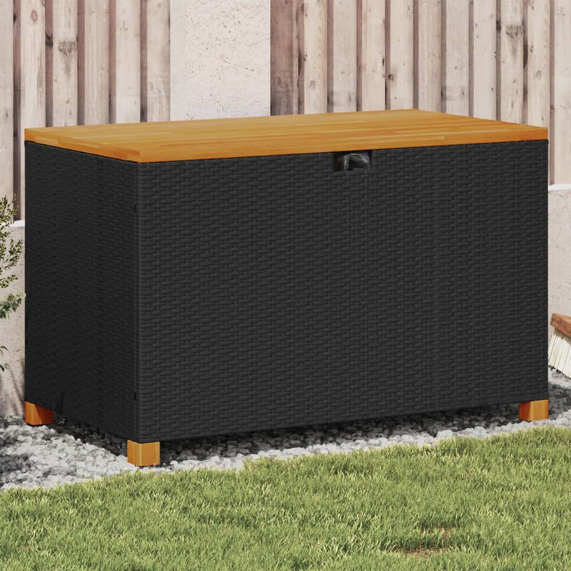 Garden Storage Box Black 110x55x63 cm Poly Rattan Acacia Wood