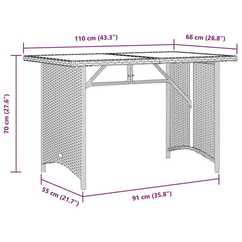 vidaXL Garden Table with Glass Top Black 110x68x70 cm Poly Rattan