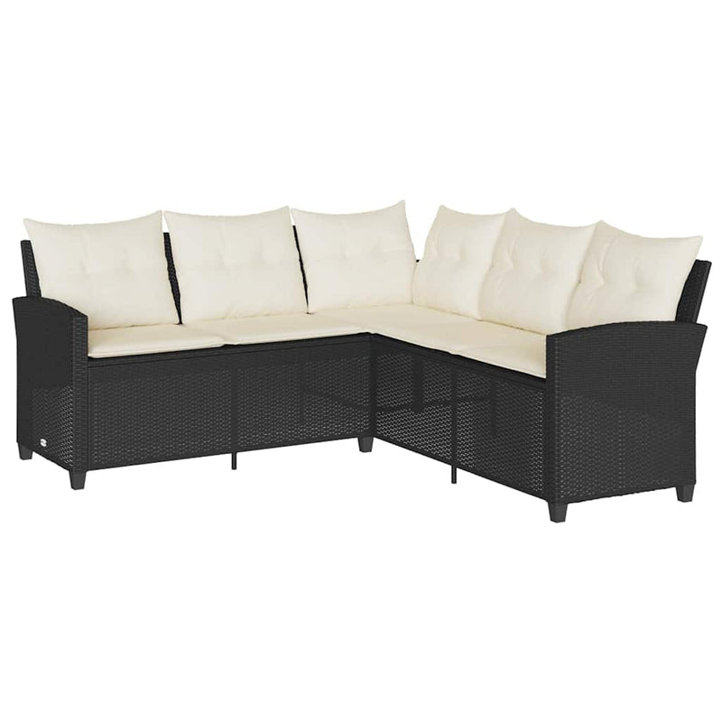 L-shaped Couch Sofa with Cushions Black Poly Rattan