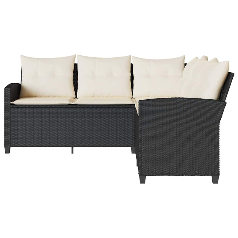 L-shaped Couch Sofa with Cushions Black Poly Rattan