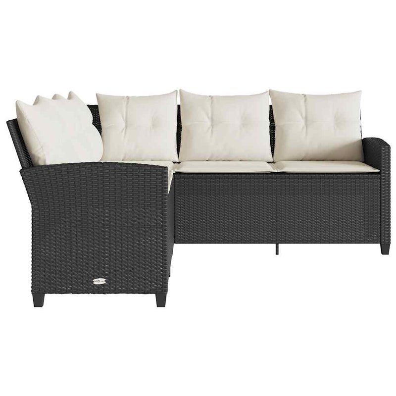 L-shaped Couch Sofa with Cushions Black Poly Rattan