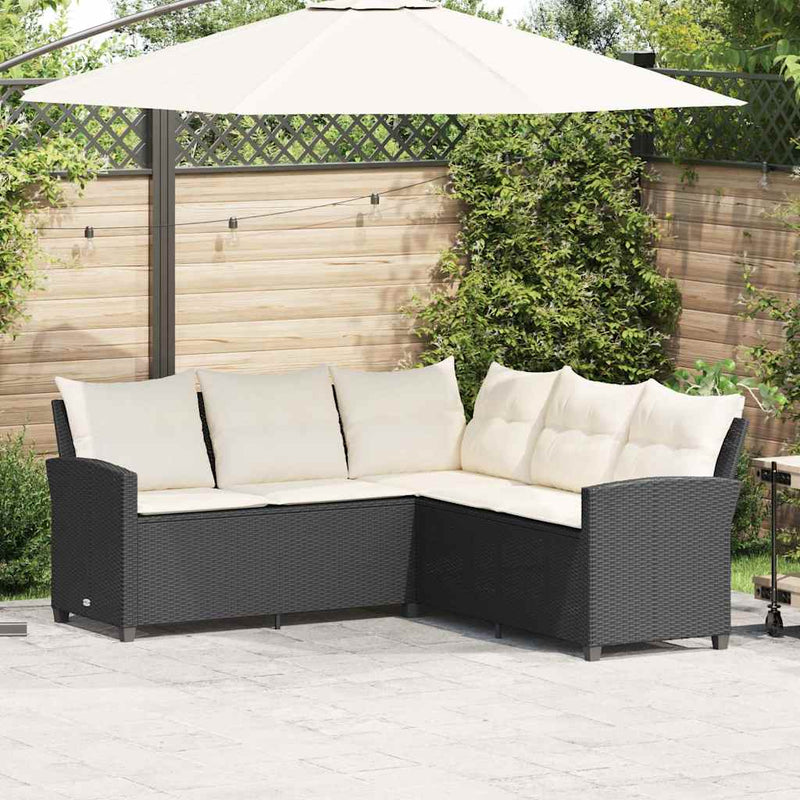 L-shaped Couch Sofa with Cushions Black Poly Rattan