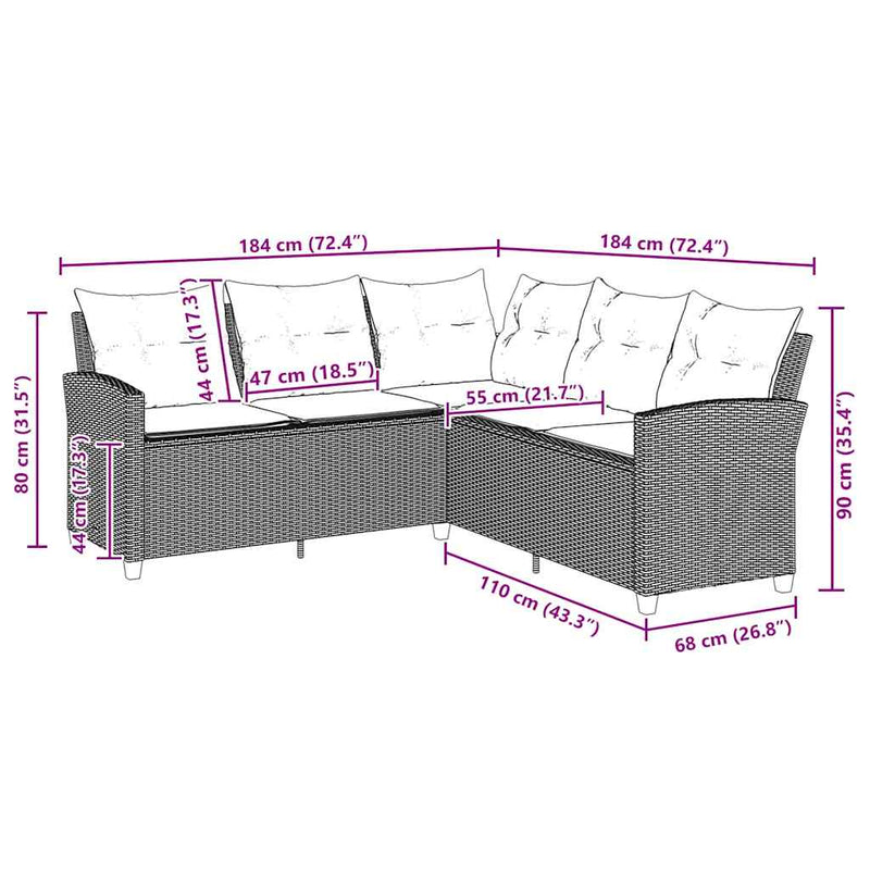 L-shaped Couch Sofa with Cushions Grey Poly Rattan