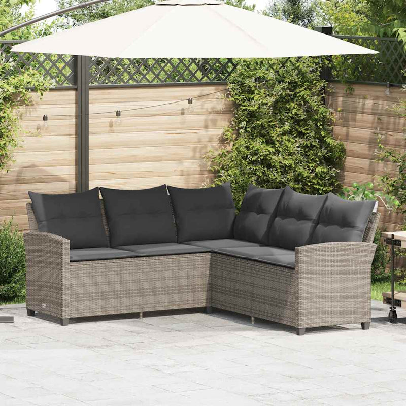 L-shaped Couch Sofa with Cushions Grey Poly Rattan