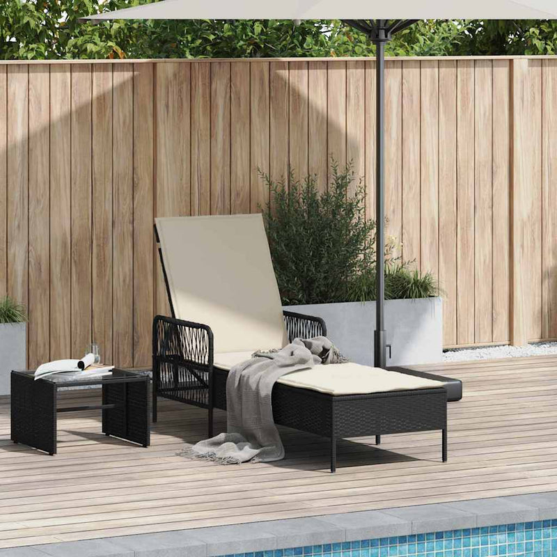vidaXL Sun Lounger Black and Cream White 55 x 200 x 92 cm Poly Rattan