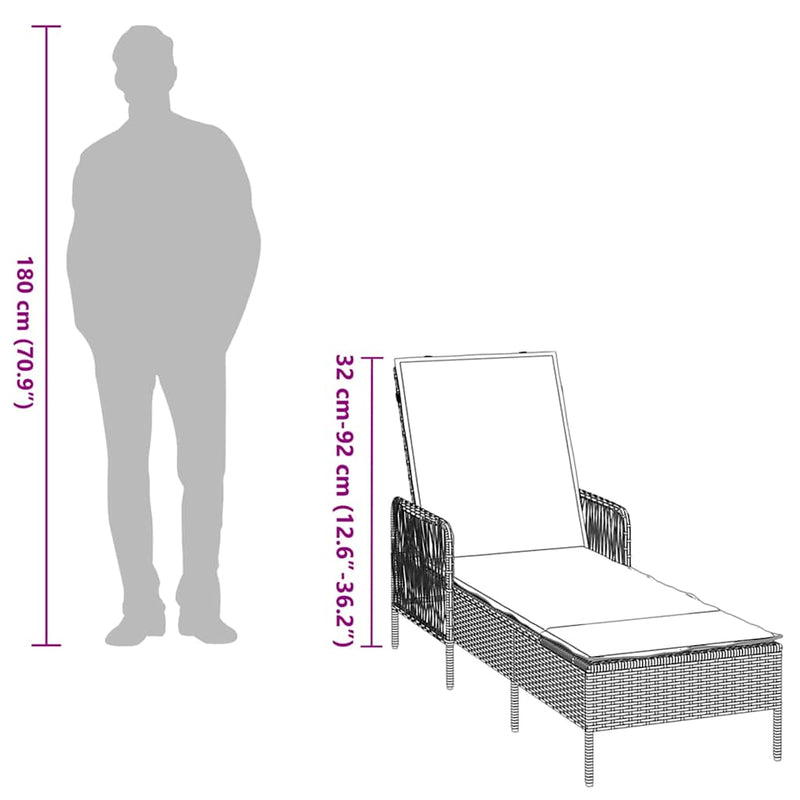 vidaXL Sun lounger Reclining 1-person Grey 157 x 55 x 92cm Poly Rattan