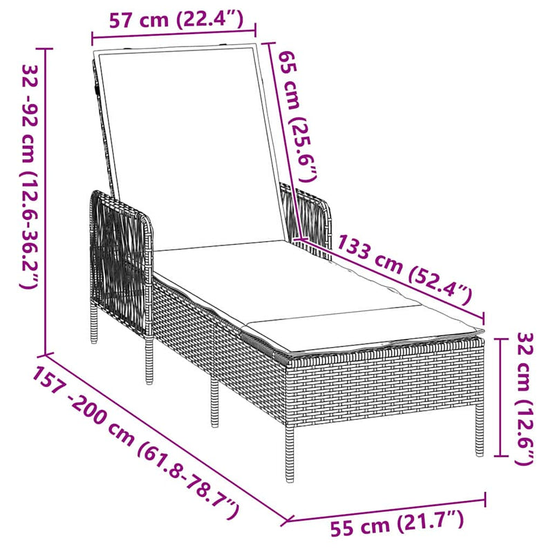vidaXL Sun lounger Reclining 1-person Grey 157 x 55 x 92cm Poly Rattan