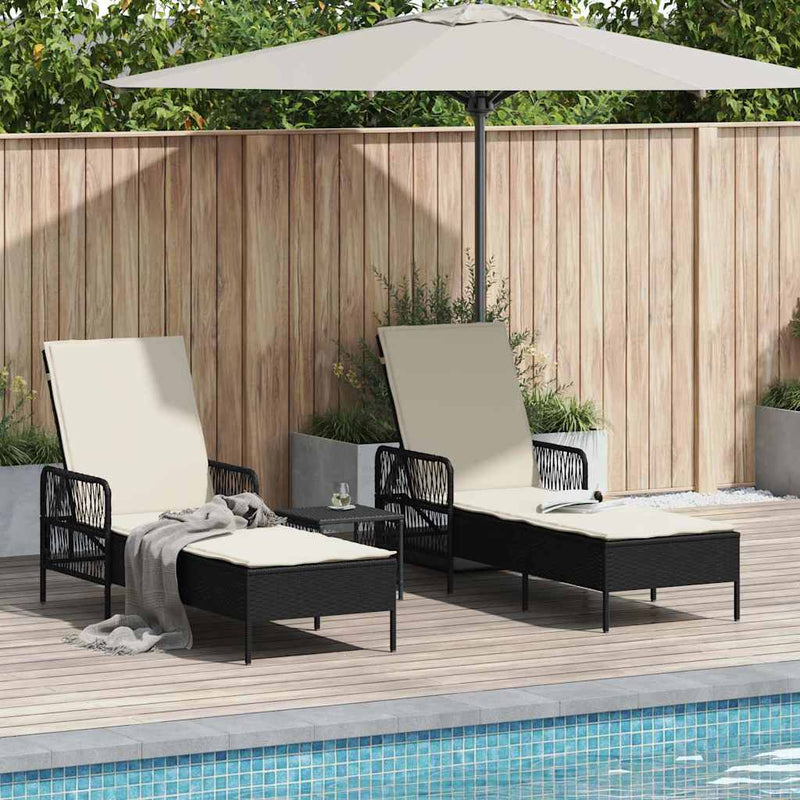 vidaXL Sun Lounger Reclining 3 pcs Black and Cream White Poly Rattan