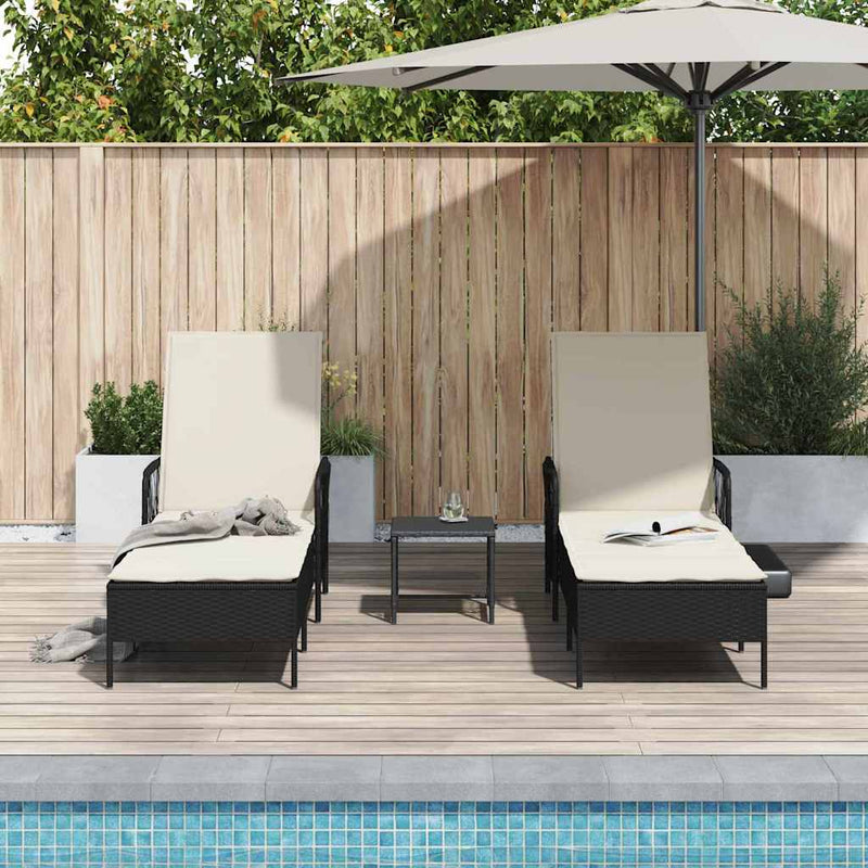 vidaXL Sun Lounger Reclining 3 pcs Black and Cream White Poly Rattan