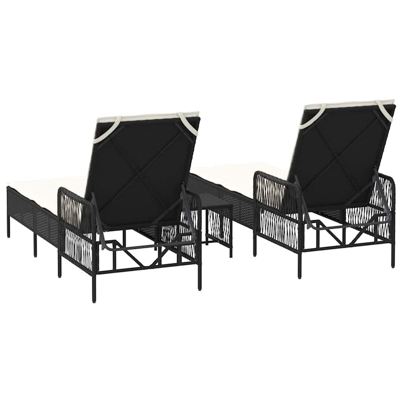vidaXL Sun Lounger Reclining 3 pcs Black and Cream White Poly Rattan