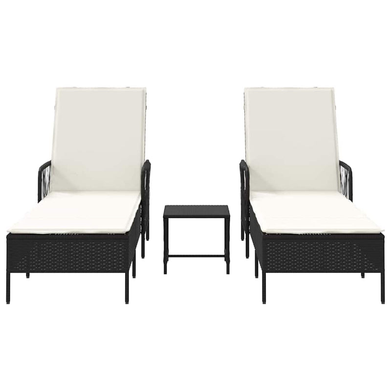 vidaXL Sun Lounger Reclining 3 pcs Black and Cream White Poly Rattan
