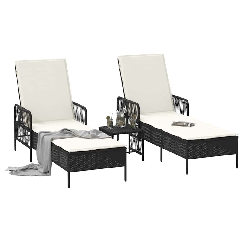 vidaXL Sun Lounger Reclining 3 pcs Black and Cream White Poly Rattan