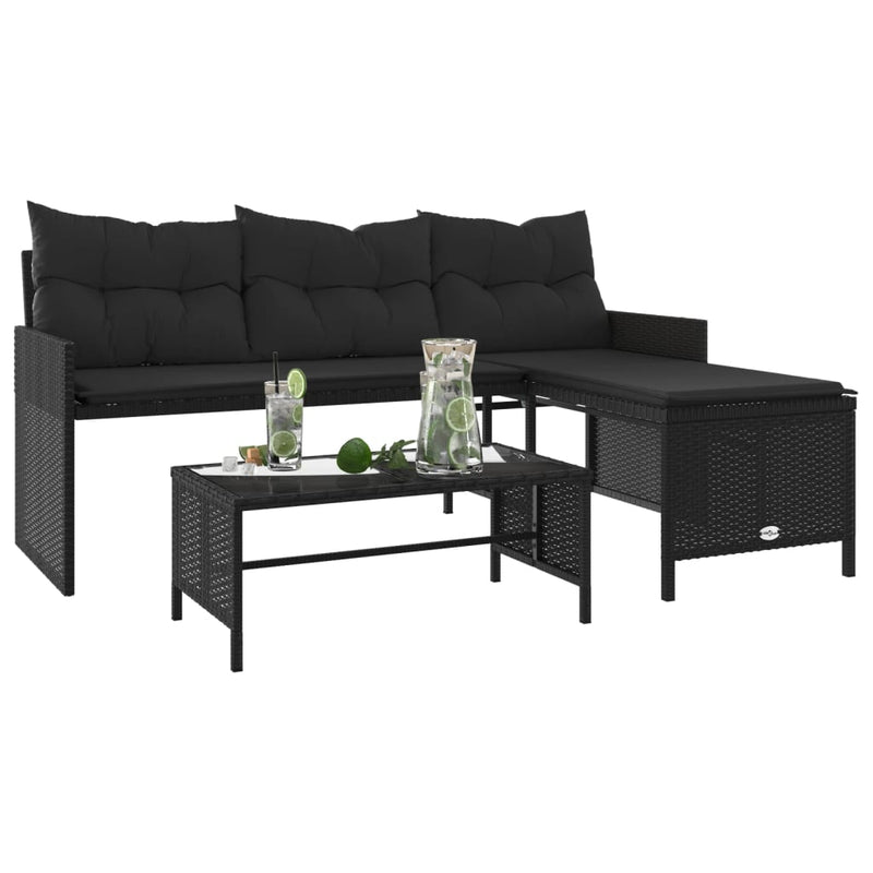 vidaXL Garden Sofa with Table and Cushions L-Shaped Black Poly Rattan