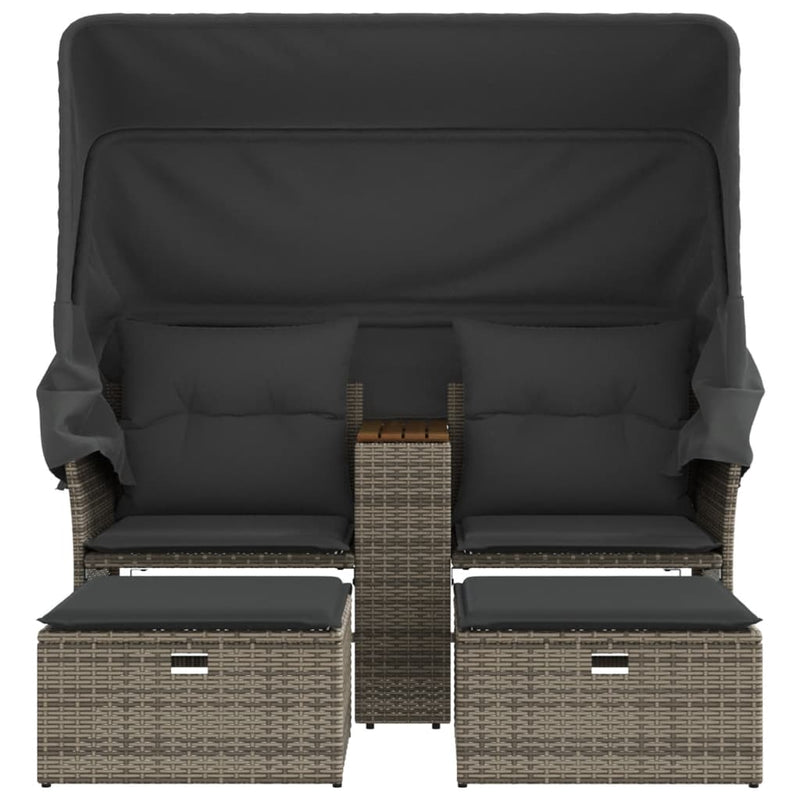 vidaXL Garden Sofa 2-Seater with Canopy and Stools Grey Poly Rattan