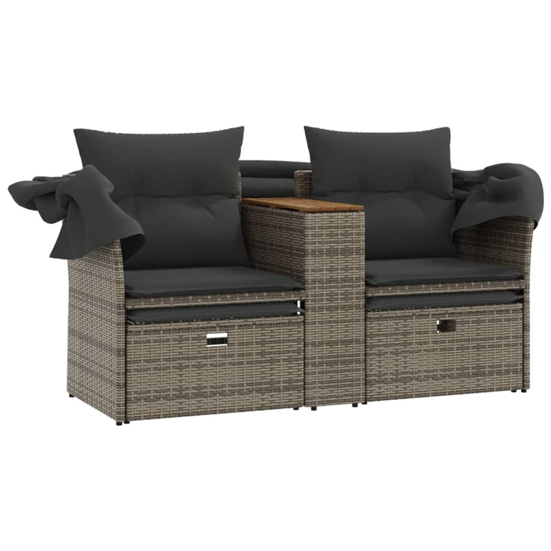 Garden Sofa 2-Seater with Canopy and Stools Grey Poly Rattan