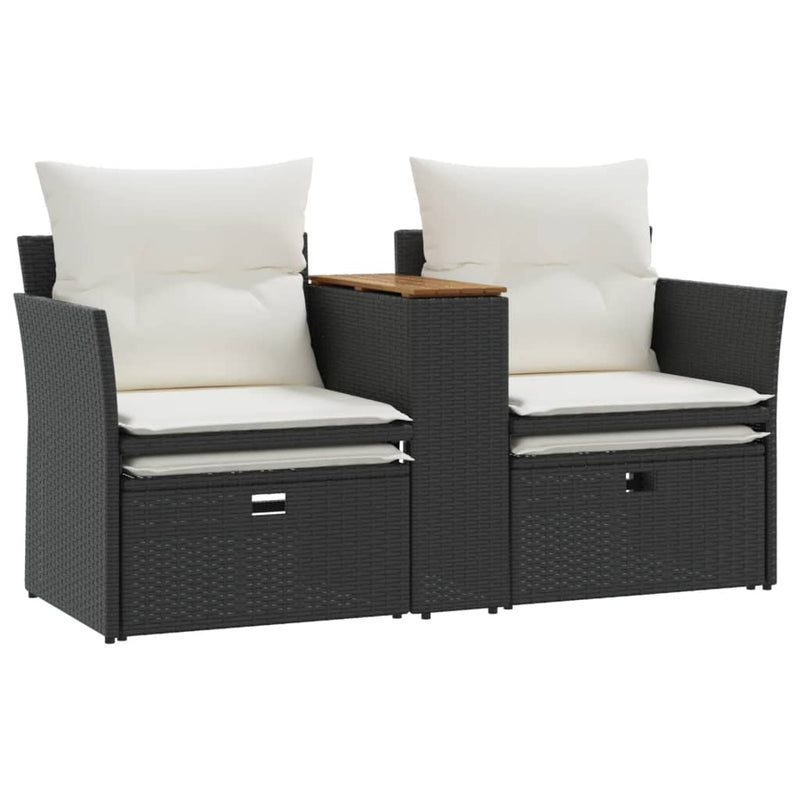 vidaXL Garden Sofa 2-Seater with Stools Black Poly Rattan