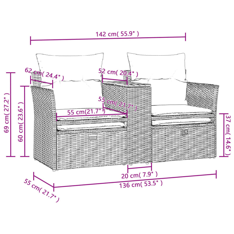 vidaXL Garden Sofa 2-Seater with Stools Black Poly Rattan