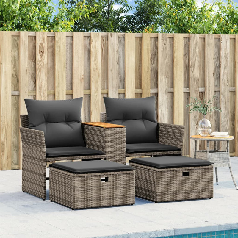 Garden Sofa 2-Seater with Stools Grey Poly Rattan