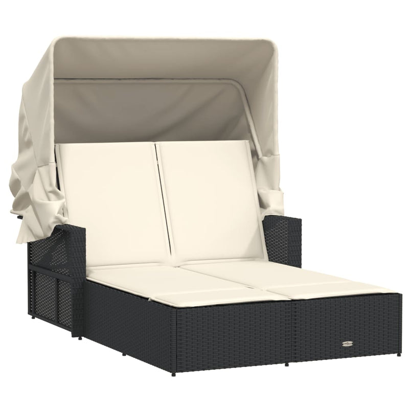 vidaXL Double Sun Lounger with Canopy and Cushions Black Poly Rattan