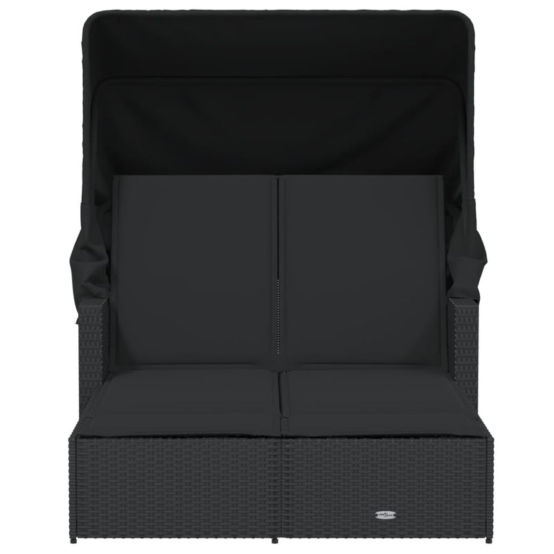 vidaXL Double Sun Lounger with Canopy and Cushions Black Poly Rattan