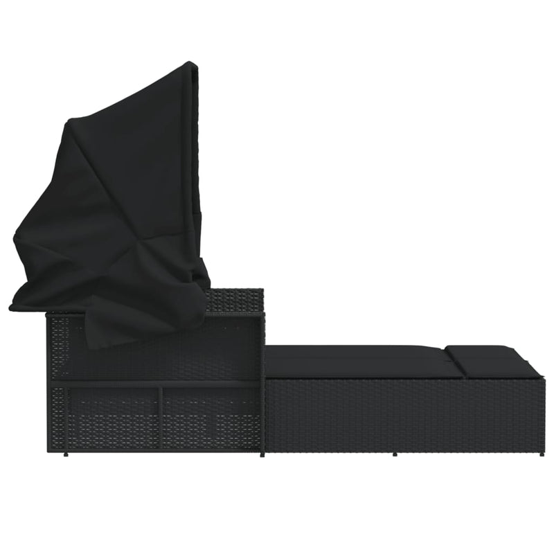 vidaXL Double Sun Lounger with Canopy and Cushions Black Poly Rattan