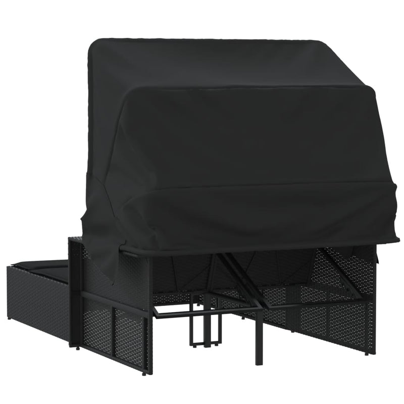 vidaXL Double Sun Lounger with Canopy and Cushions Black Poly Rattan