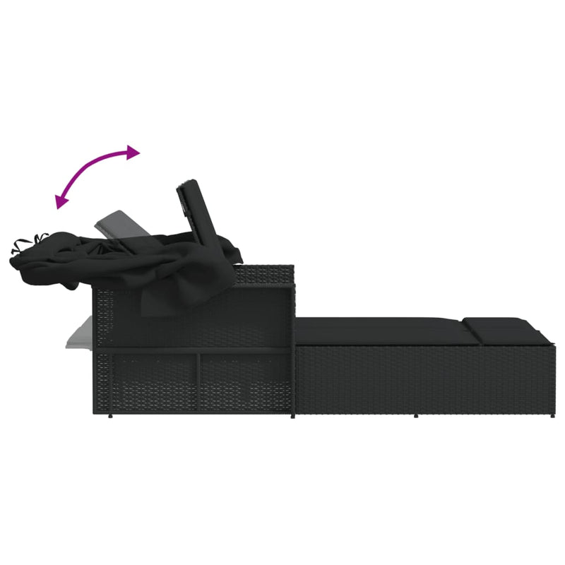 vidaXL Double Sun Lounger with Canopy and Cushions Black Poly Rattan