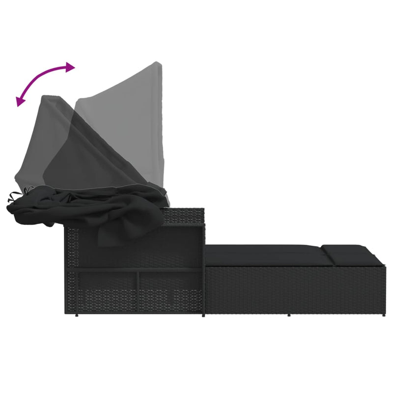 vidaXL Double Sun Lounger with Canopy and Cushions Black Poly Rattan