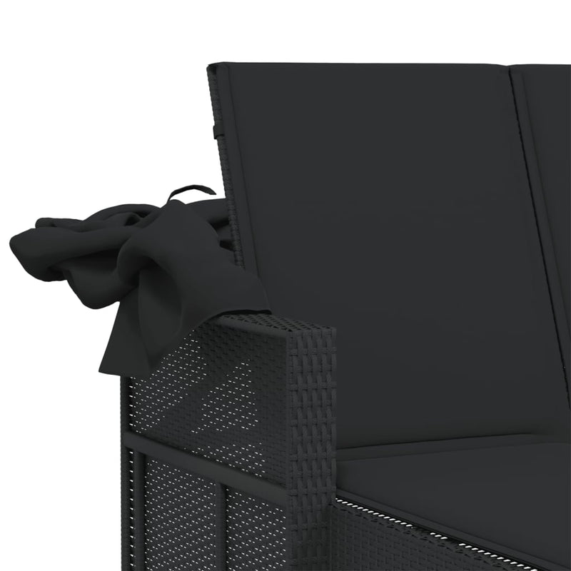 vidaXL Double Sun Lounger with Canopy and Cushions Black Poly Rattan