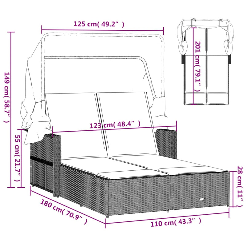 Double Sun Lounger with Canopy and Cushions Grey Poly Rattan