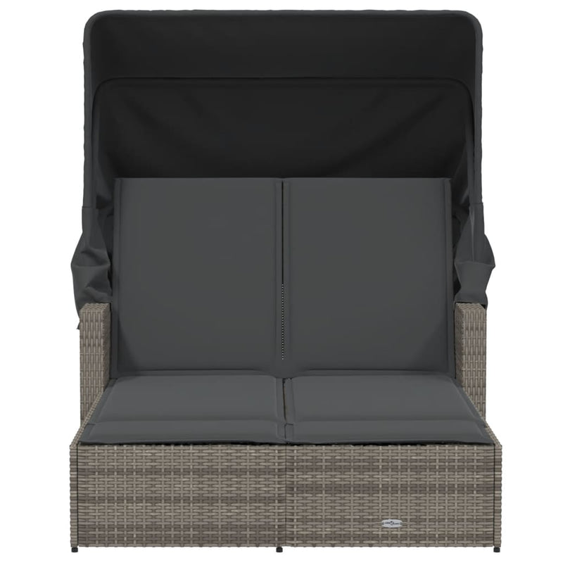 vidaXL Double Sun Lounger with Canopy and Cushions Grey Poly Rattan