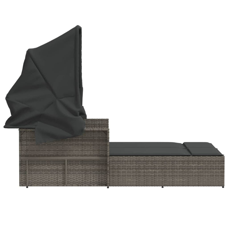 vidaXL Double Sun Lounger with Canopy and Cushions Grey Poly Rattan