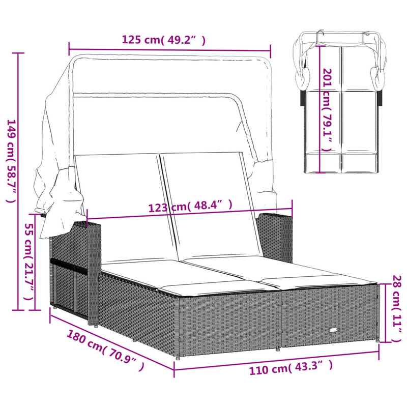 vidaXL Double Sun Lounger with Canopy and Cushions Light Grey Poly Rattan