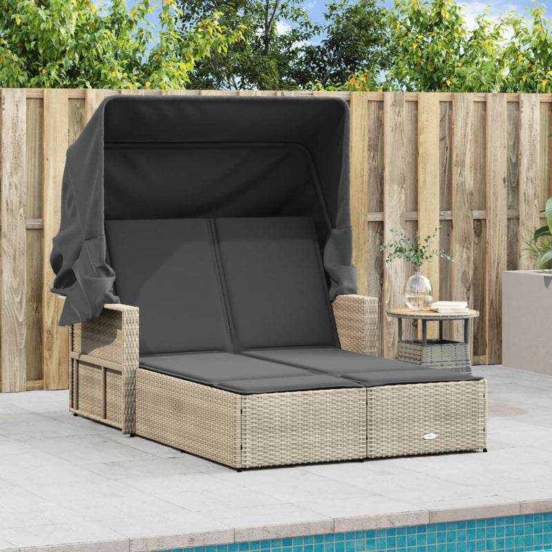 vidaXL Double Sun Lounger with Canopy and Cushions Light Grey Poly Rattan