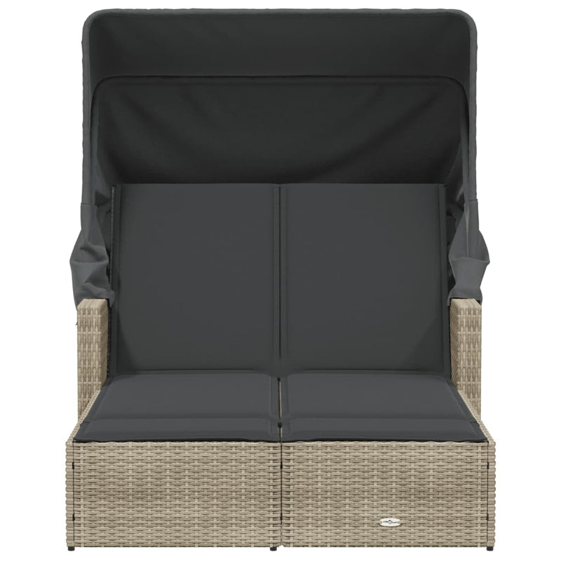 vidaXL Double Sun Lounger with Canopy and Cushions Light Grey Poly Rattan