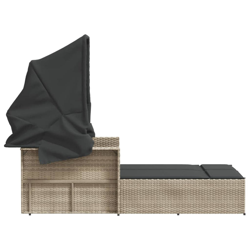 vidaXL Double Sun Lounger with Canopy and Cushions Light Grey Poly Rattan