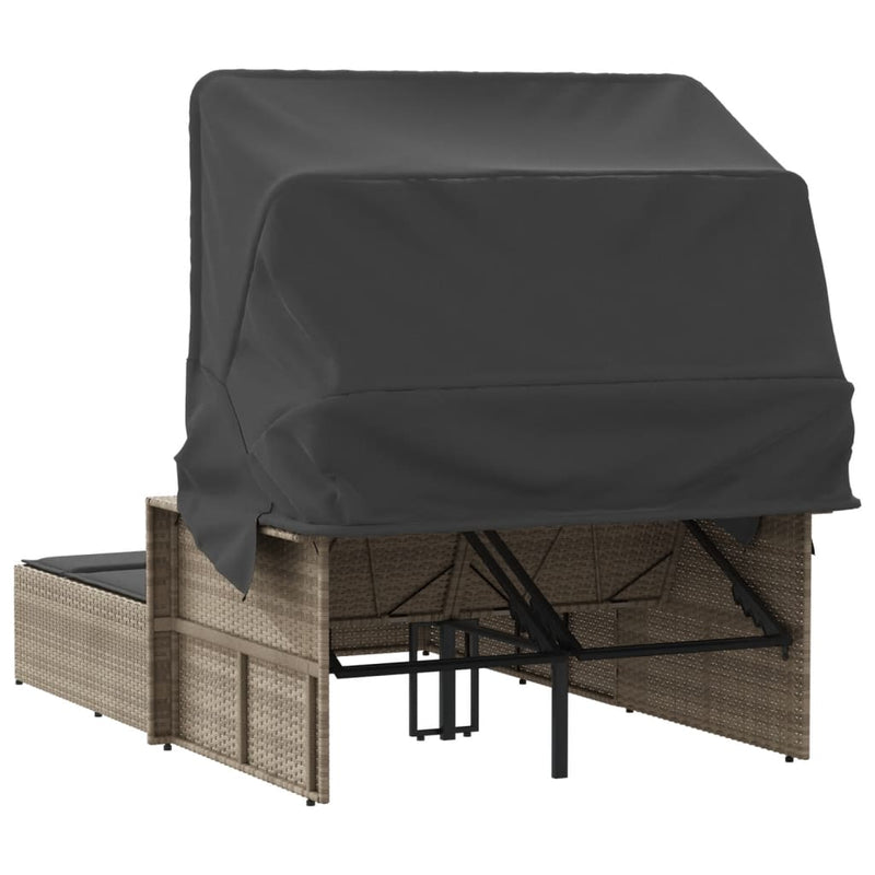 vidaXL Double Sun Lounger with Canopy and Cushions Light Grey Poly Rattan